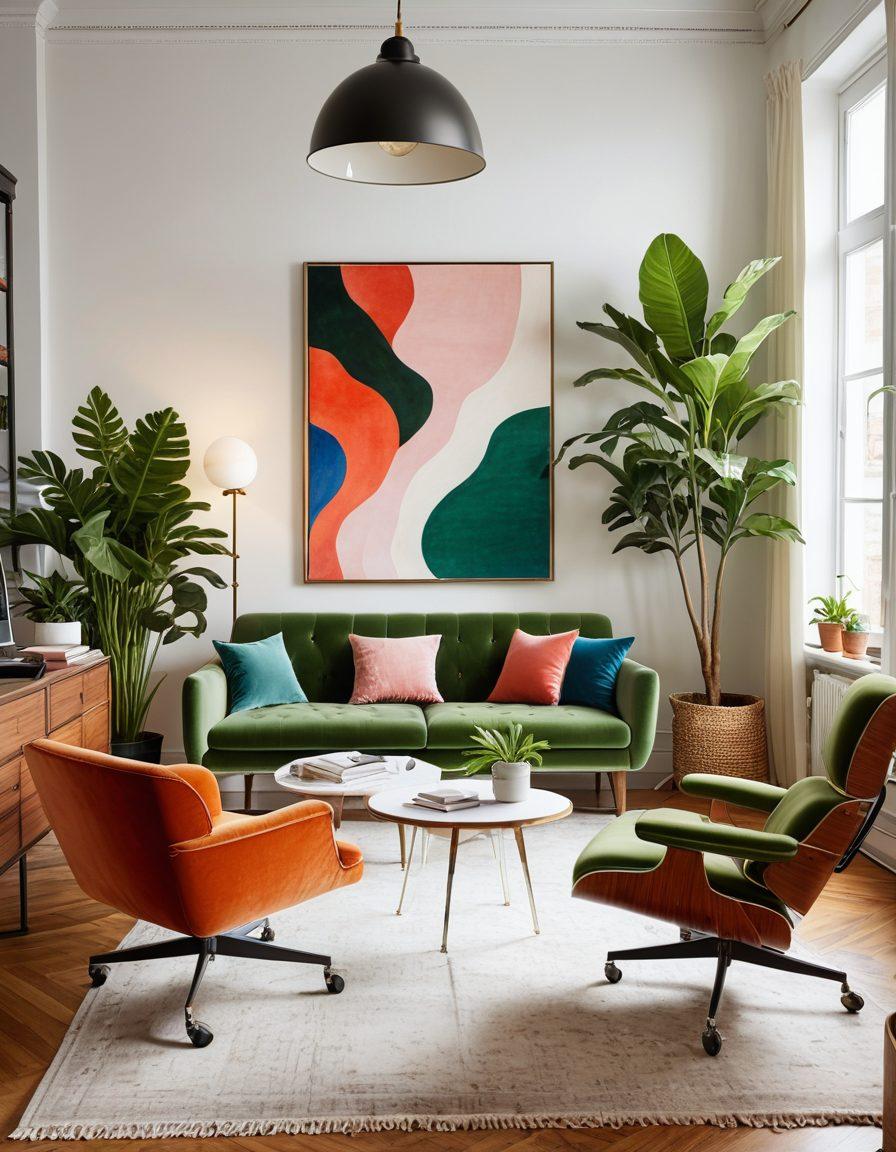 A beautifully curated living room transitioning seamlessly into a sleek, modern office space. Highlight diverse furniture styles like a plush, vintage sofa, a minimalist coffee table, ergonomic office chairs, and a chic desk. Include greenery, soft lighting, and stylish decor accentuating the versatility of the spaces. vibrant colors. super-realistic.