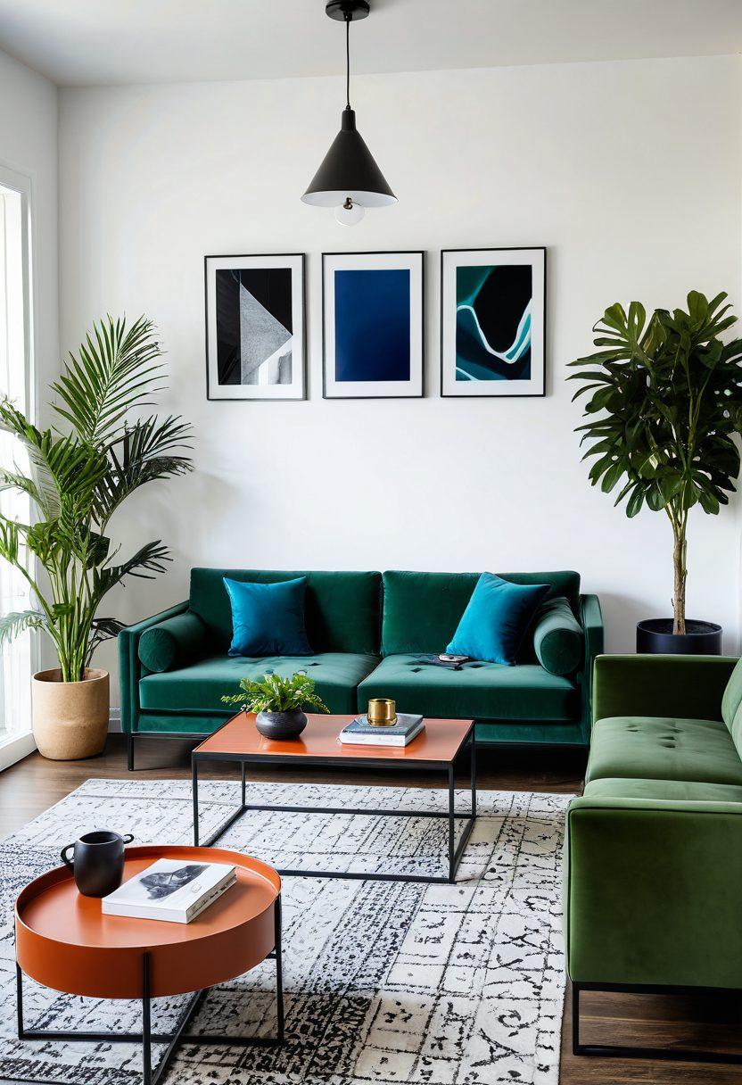 A modern living room showcasing 2023's hottest furniture trends: sleek, minimalist furniture with mixed materials like wood and metal, a statement sofa in a bold color, geometric coffee tables, and chic lighting. The background features a stylish gallery wall with contemporary art and a hint of greenery from elegant indoor plants. Super-realistic. Vibrant colors.